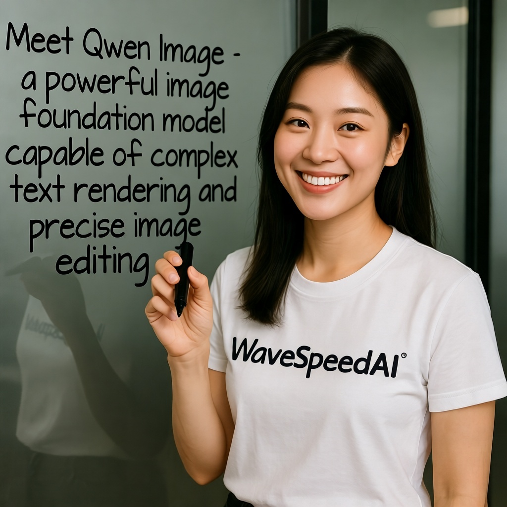A beautiful Chinese woman wearing a “WaveSpeedAI” logo T-shirt is smiling at the camera with a black marker. Behind her, a glass panel reads in handwriting, "Meet Qwen Image - a powerful image foundation model capable of complex text rendering and precise image editing."
