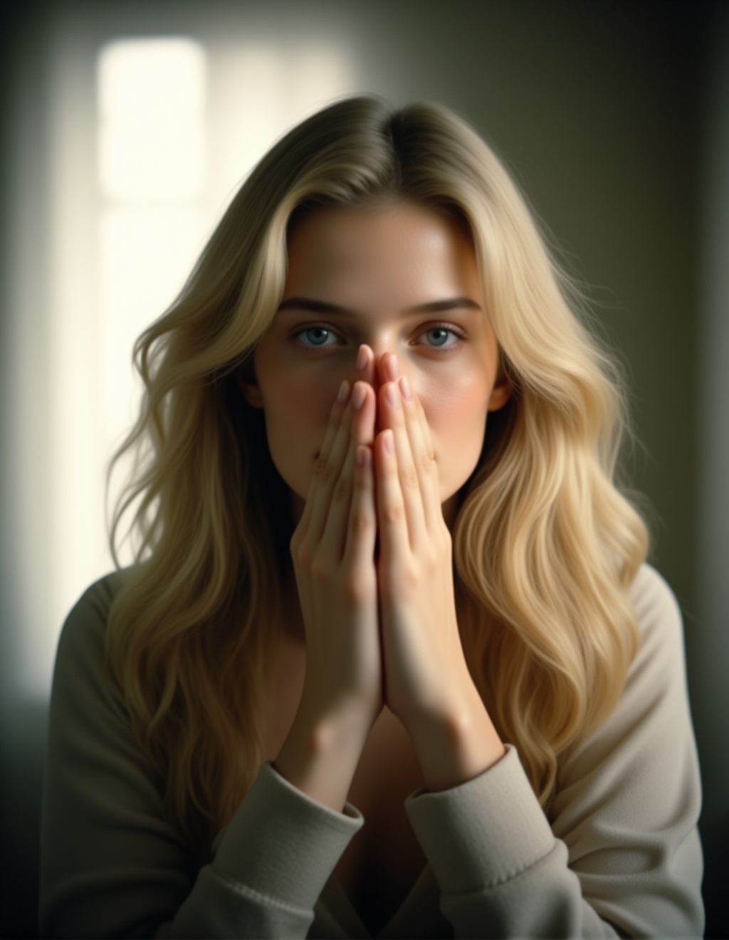 A perfect detailed photo of a woman covering her face with her hands, shallow depth of field, vignette, highly detailed, high budget, bokeh, cinemascope, moody, epic, gorgeous, film grain, grainy