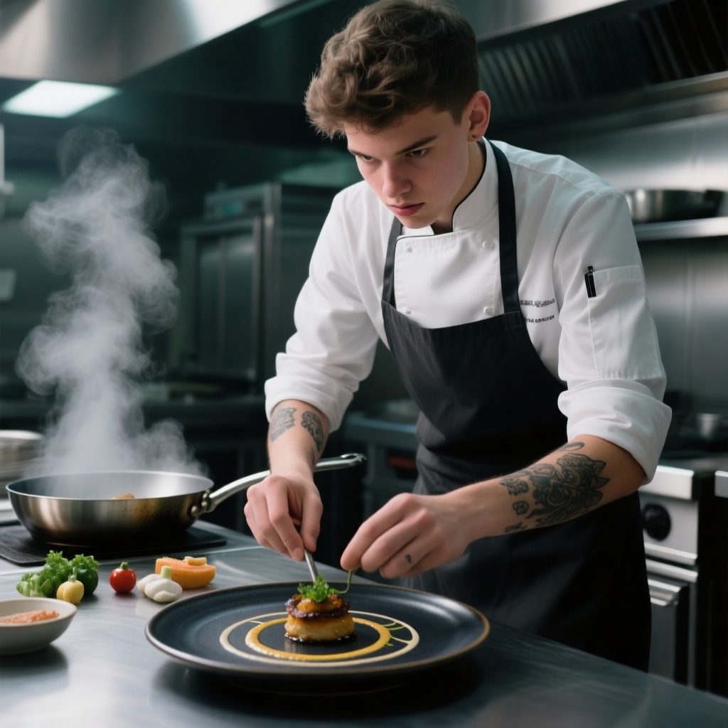 A young male chef with rolled-up sleeves, a clean white chef’s jacket, and an apron, plating a gourmet dish under focused kitchen lighting. Stainless steel kitchen environment, steam rising from a pan in the background. Tattoos on his forearms, intense concentration on his face, ingredients arranged in an elegant pattern on a dark ceramic plate.