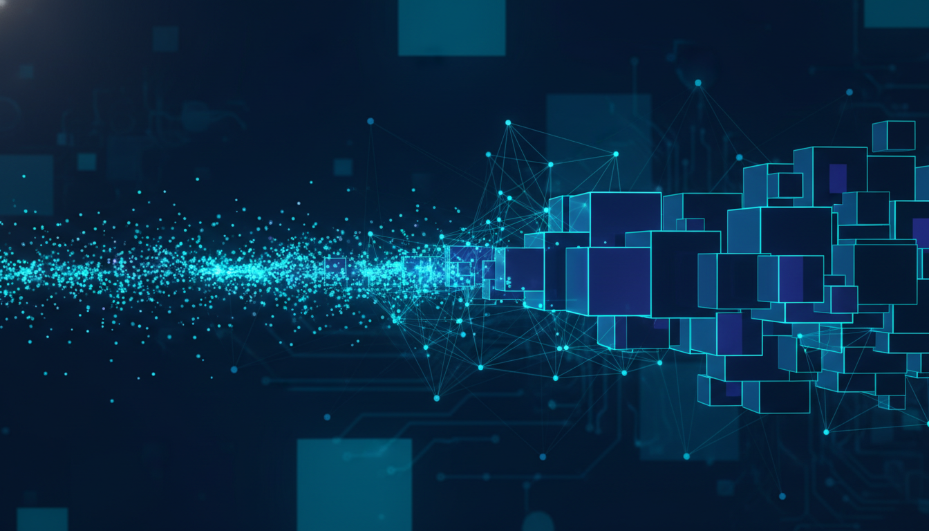 Conceptual image of single-item versus batch processing, showing a transition from individual data points to organized blocks