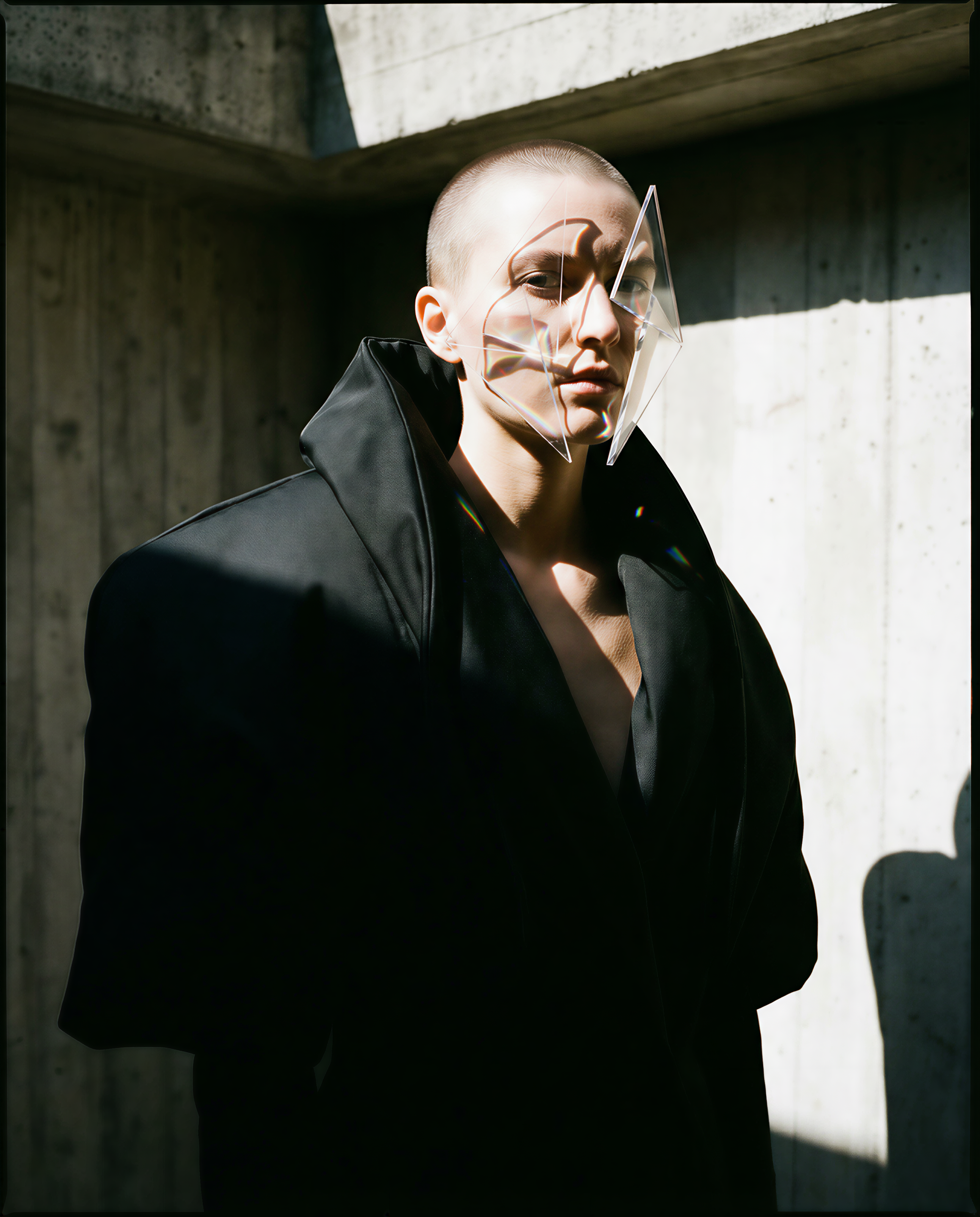 High fashion editorial portrait. A female model with a shaved head wearing an oversized, structured black architectural jacket. Her face is partially obscured by futuristic, transparent geometric acrylic pieces catching the light. Minimalist concrete bunker background. Dramatic side lighting creating harsh shadows across her face and the wall. High contrast, artistic, experimental vogue aesthetic.