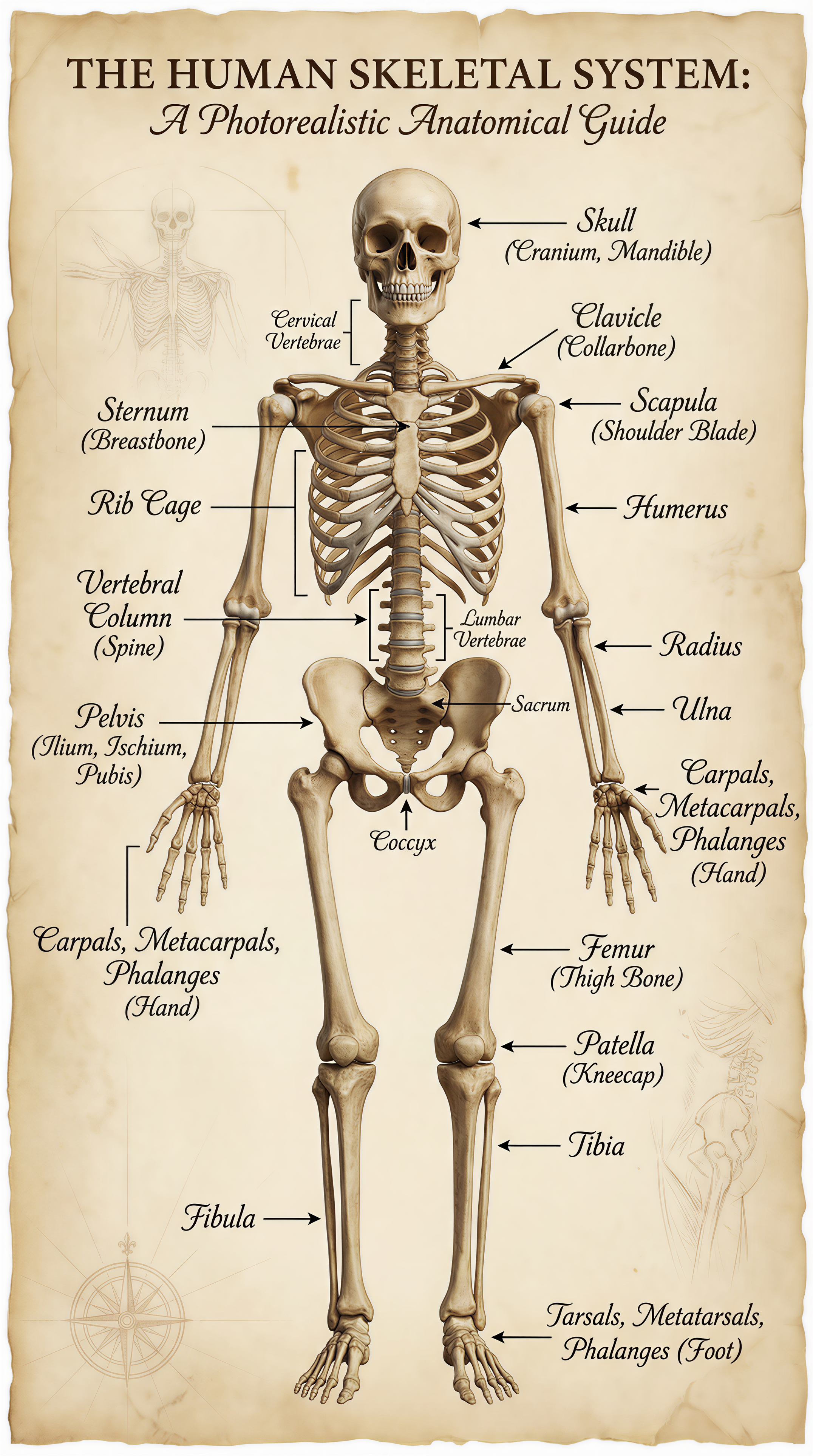 Make a realistic infographic of the human skeletal system with label