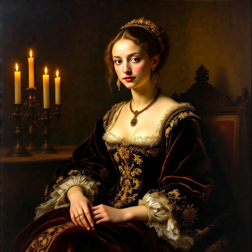 A renaissance noblewoman sitting gracefully in a candle-lit room, wearing an ornate velvet gown with golden embroidery, soft chiaroscuro lighting, oil painting texture, subtle background blur, Rembrandt-style composition, serene expression, warm tones, highly detailed brushwork