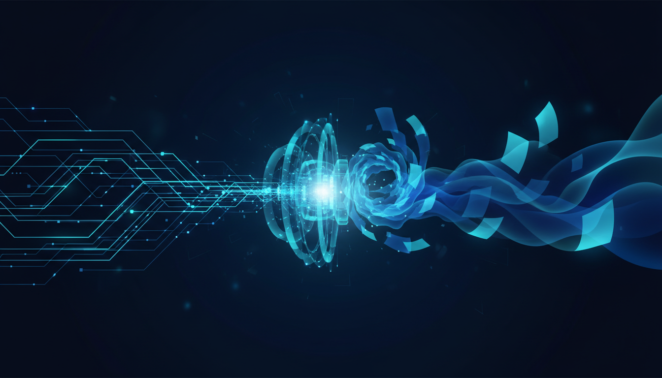 Abstract visualization comparing fine-tuning, a structured process, with RAG, a flexible data retrieval process, for AI model