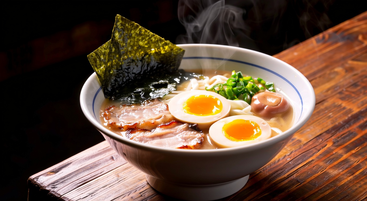  a steaming bowl of authentic Japanese tonkotsu ramen, rich and creamy broth, perfectly cooked chashu pork with a seared surface, a soft-boiled egg with a gooey yolk, glistening noodles, garnished with fresh green onions and nori seaweed. Professional studio lighting, dramatic side light creating deep shadows, shallow depth of field, background is a dark, rustic ramen shop. 