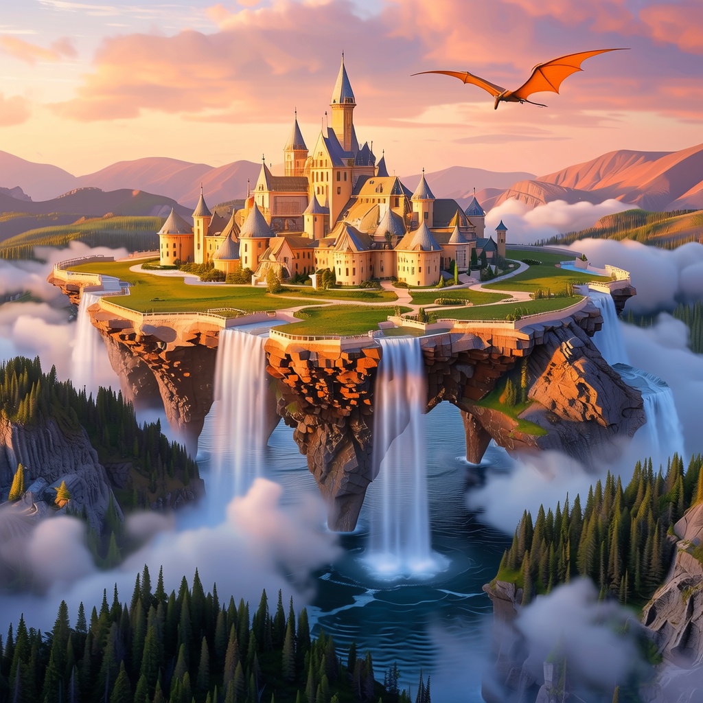 Transform into fantasy world with floating islands and dragon flying in the distance