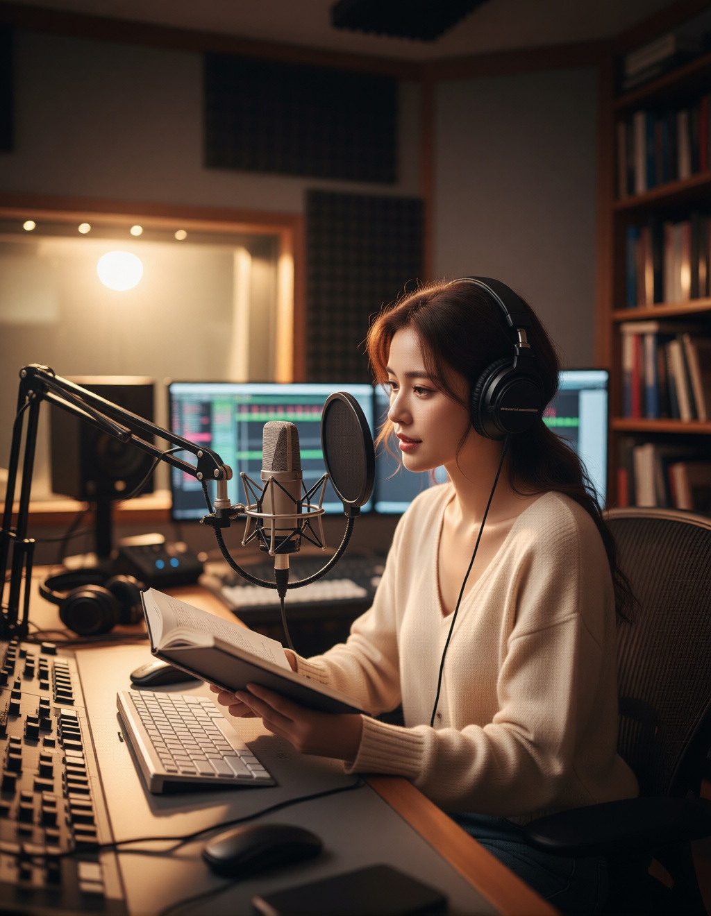 The girl in Figure 1 is sitting in the studio in Figure 2, speaking into the microphone.