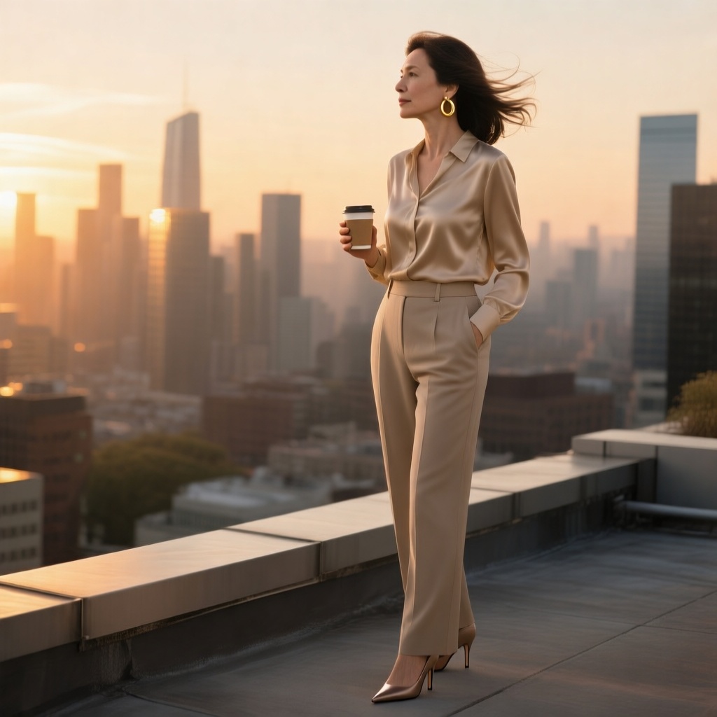 A sophisticated woman in her early 30s, standing on a rooftop at golden hour, soft sunset light reflecting on her flawless skin. She wears a beige silk blouse tucked into high-waisted tailored trousers, gold hoop earrings, and pointed heels. Wind tousles her hair as she gazes over a modern city skyline, holding a coffee cup in one hand. Realistic textures, cinematic lighting, warm tones, ultra-realistic detail.