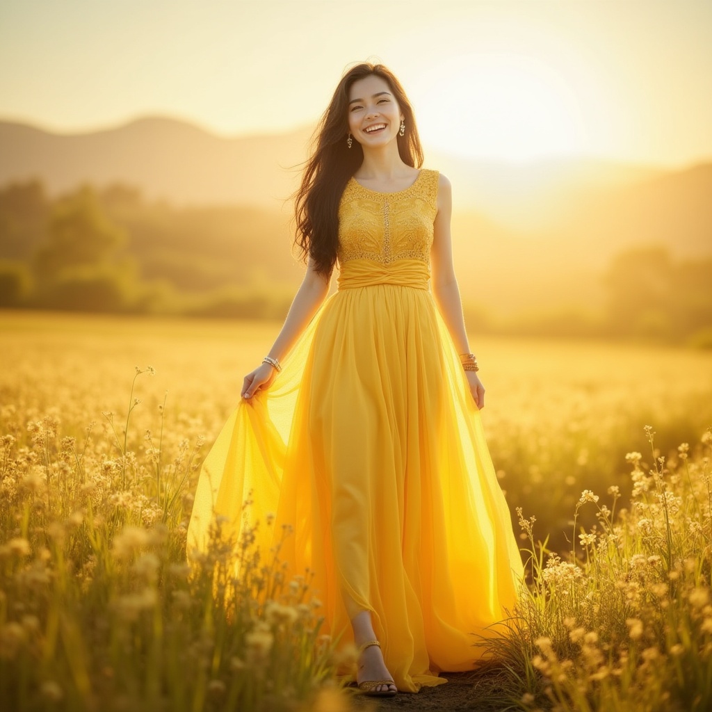 A smiling young woman in a sunlit field, wearing a flowing yellow dress, realistic lighting, bright colors, ultra-detailed face, high-resolution, photo-realistic