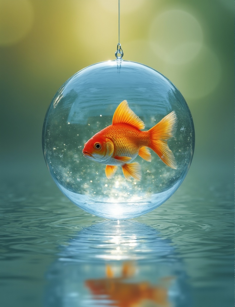 a single goldfish swimming inside a floating glass orb, suspended in the air, surrounded by gentle water ripples, soft glowing background, photorealistic, highly detailed, no people
