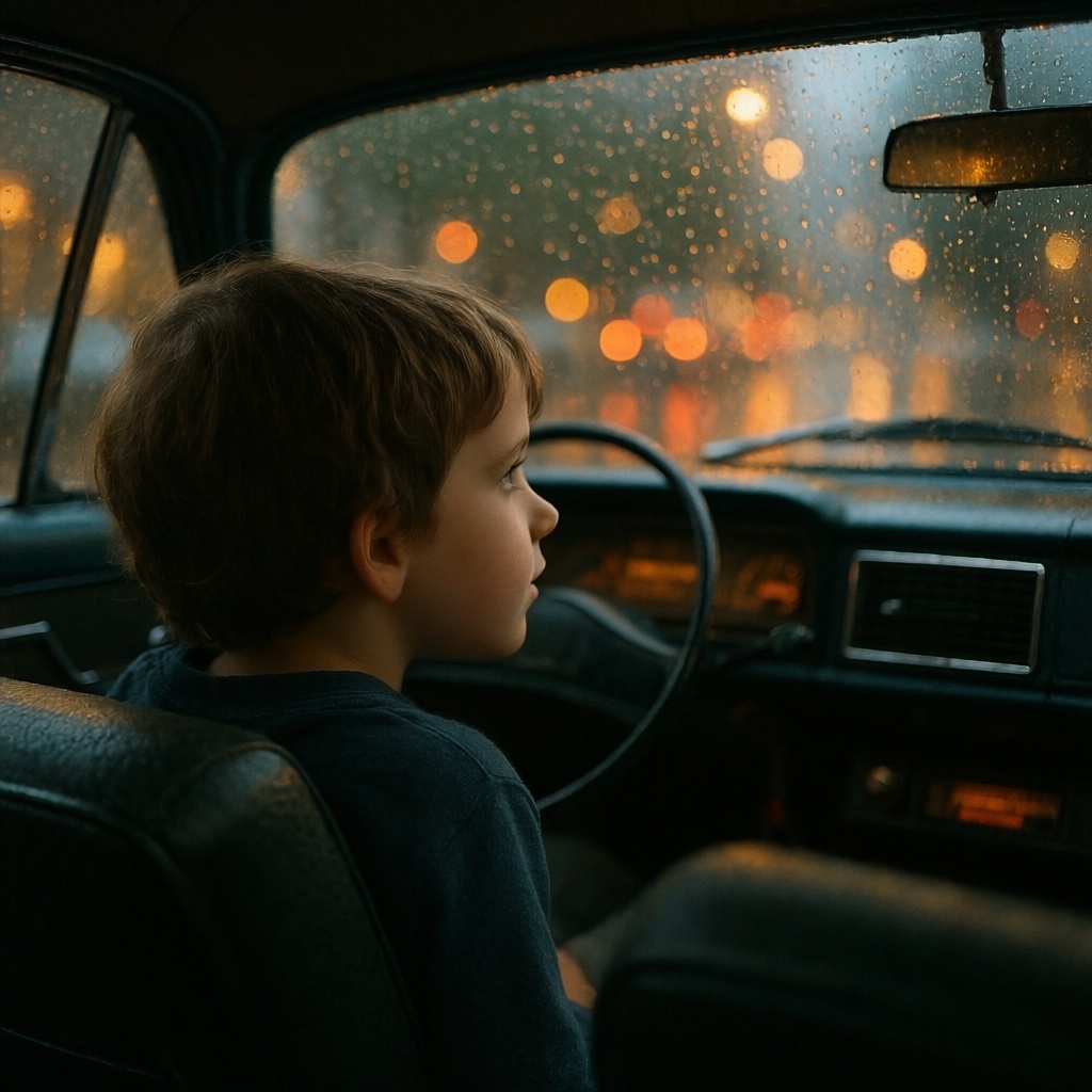 A child looking out from the backseat of an old car during a rainy afternoon, raindrops trickling down the window, reflections of city lights blending with the soft glow of the dashboard
