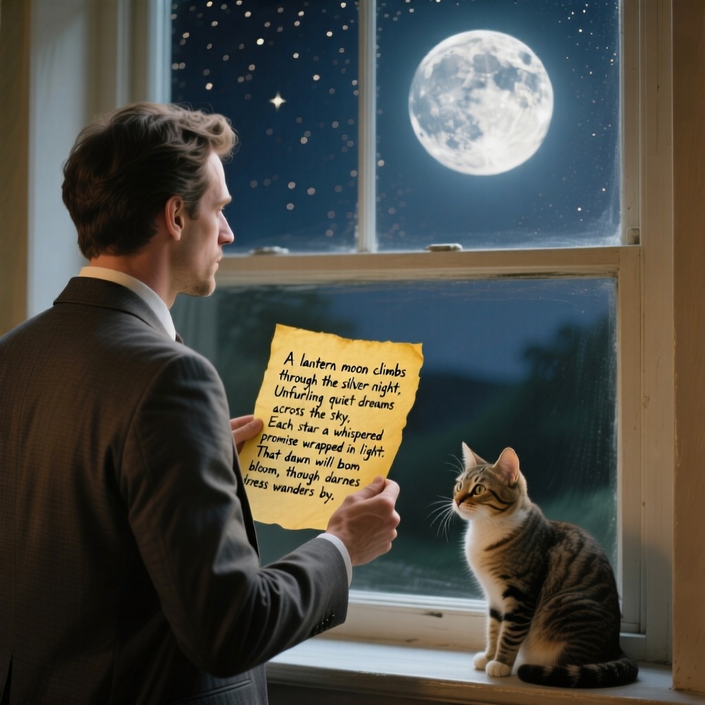 A man in a suit is standing in front of the window, looking at the bright moon outside the window. The man is holding a yellowed paper with handwritten words on it: "A lantern moon climbs through the silver night, Unfurling quiet dreams across the sky, Each star a whispered promise wrapped in light, That dawn will bloom, though darkness wanders by." There is a cute cat on the windowsill.