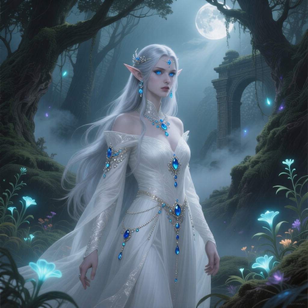 An elven queen with long silver hair and glowing blue eyes, wearing a magnificent white gown adorned with jewels. She stands in an ancient, mystical forest surrounded by luminous plants and mist. Moonlight filtering through the canopy, creating magical light and shadows. Fantasy art, epic, intricate details, masterpiece, digital painting.

