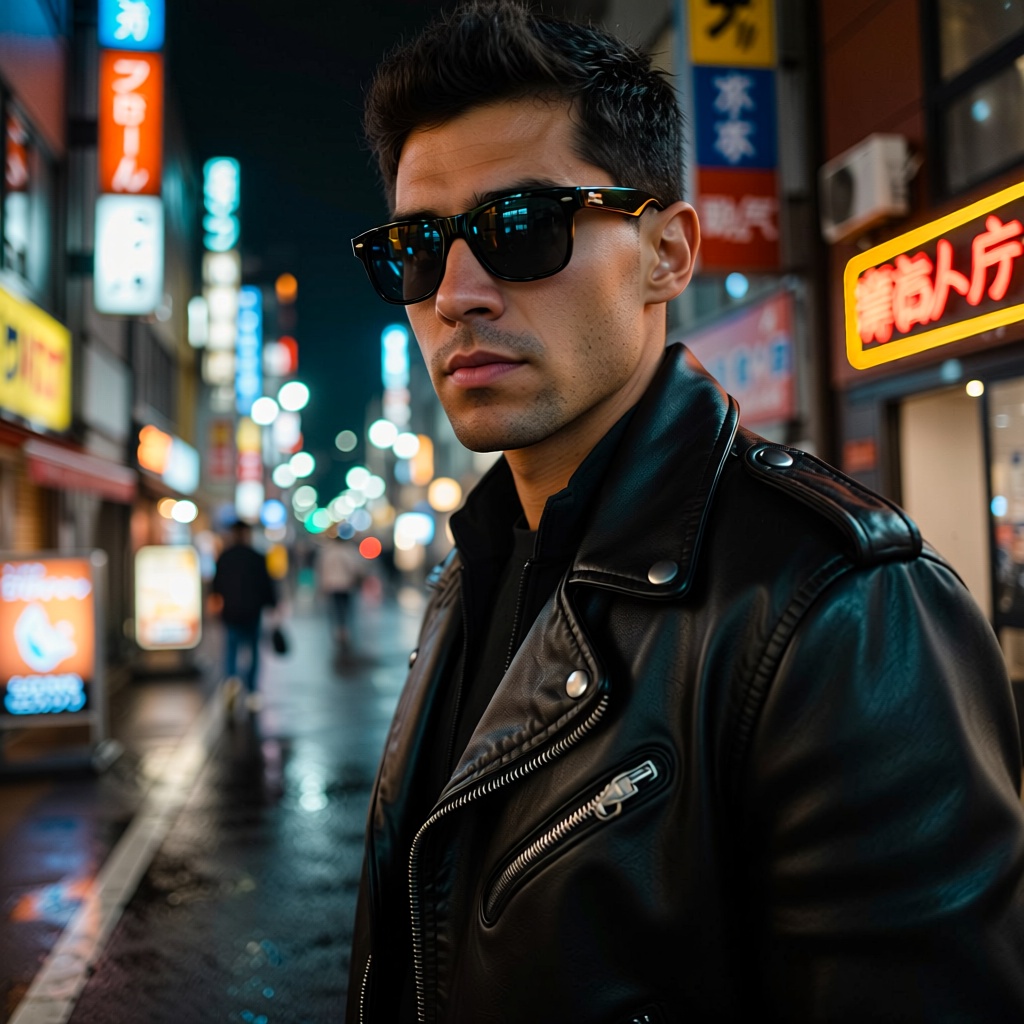 Medium shot portrait of a man in a black leather jacket, standing on a neon-lit Tokyo street at night. Rain-slicked pavement, vibrant neon signs reflected in his sunglasses, serious expression, looking directly at the camera, Blade Runner aesthetic, high contrast, sharp focus.