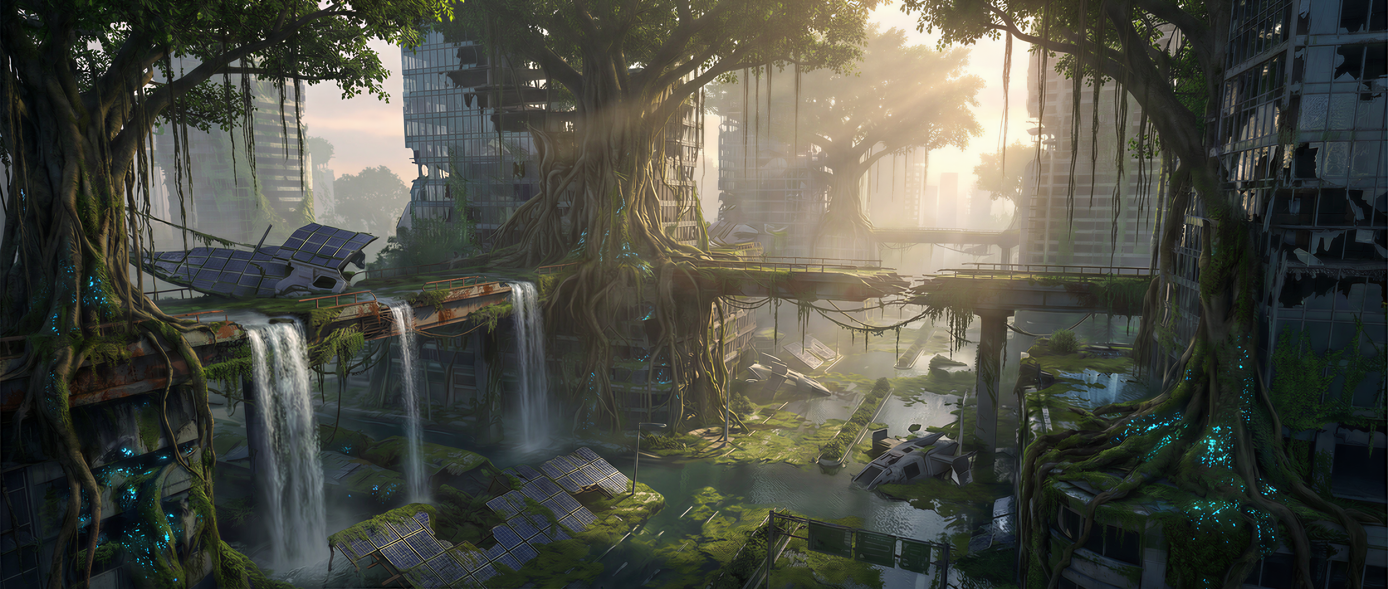 Aerial cinematic shot, Solarpunk aesthetic. The ruins of a futuristic cyber-city are being reclaimed by nature. Massive ancient banyan trees are growing out of shattered glass skyscrapers, their roots wrapping around the steel beams. Waterfalls are cascading from broken penthouse windows into flooded streets below. Bioluminescent moss covers the concrete. Soft morning mist, volumetric sunbeams piercing through the canopy, vibrant greens and steel greys, masterpiece, 8k.