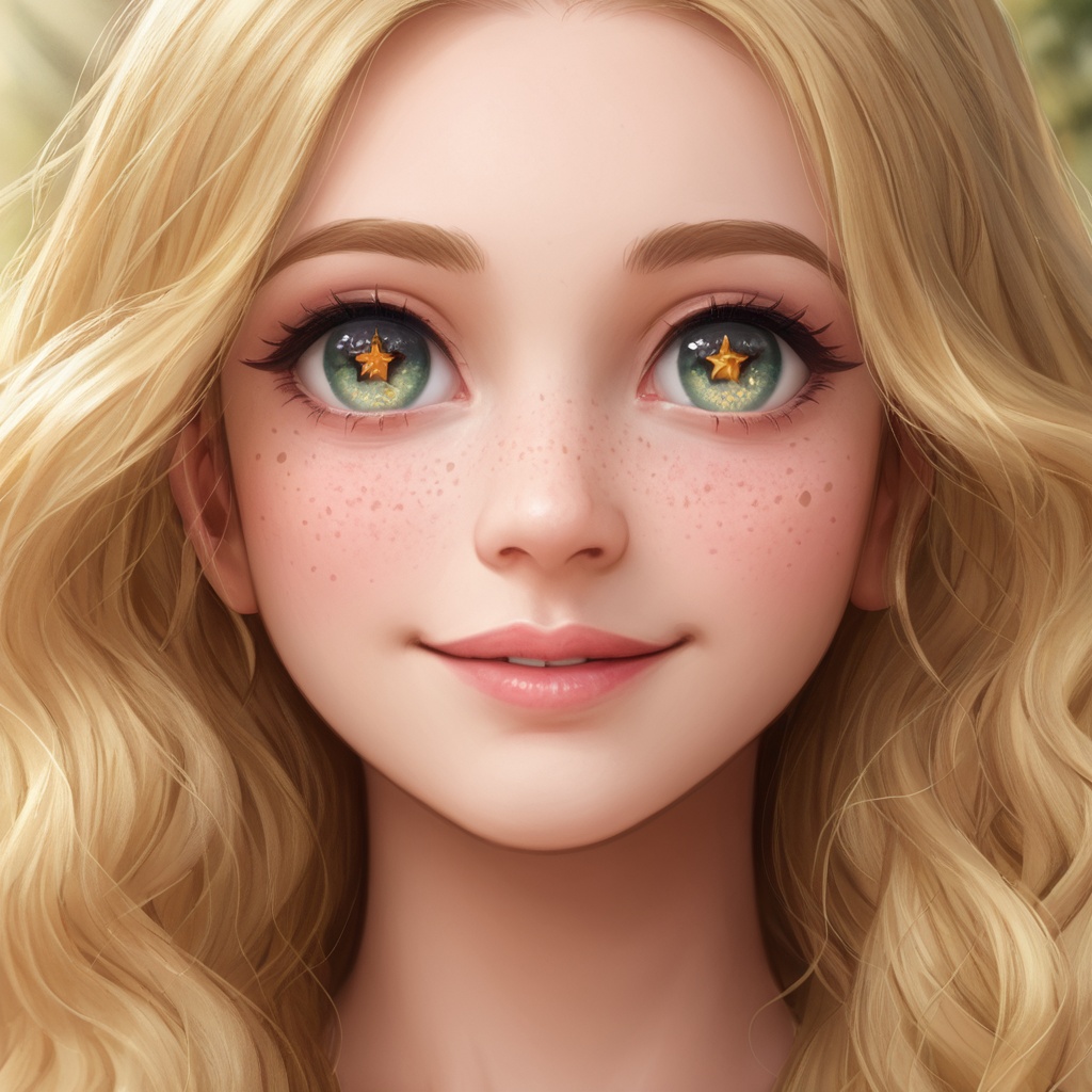 Close-up of a smiling teenage girl with freckles and long flowing hair, sunlight highlighting her face, sparkling bright eyes, natural makeup, soft golden hour glow, dreamy cinematic portrait, ultra-realistic.