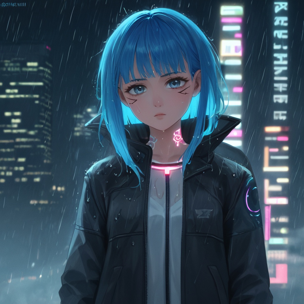 A young woman with glowing holographic tattoos and electric blue hair, wearing a reflective cyberpunk jacket, standing on a neon-lit rooftop, rain falling, cinematic reflections on wet asphalt, ultra-detailed sci-fi portrait.