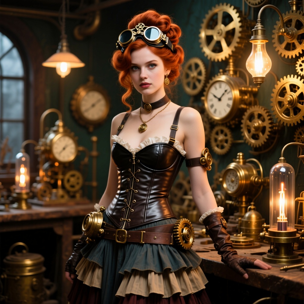 Realism，a female inventor with auburn hair in an intricate updo and goggles on her head, her eyes full of intellect. She wears a leather corset and a multi-layered skirt, standing in her workshop. The room is filled with brass gears, complex clockwork devices, and glowing vacuum tubes. Warm light from gas lamps illuminates the scene. Steampunk style, highly detailed, retro-futurism, masterpiece.