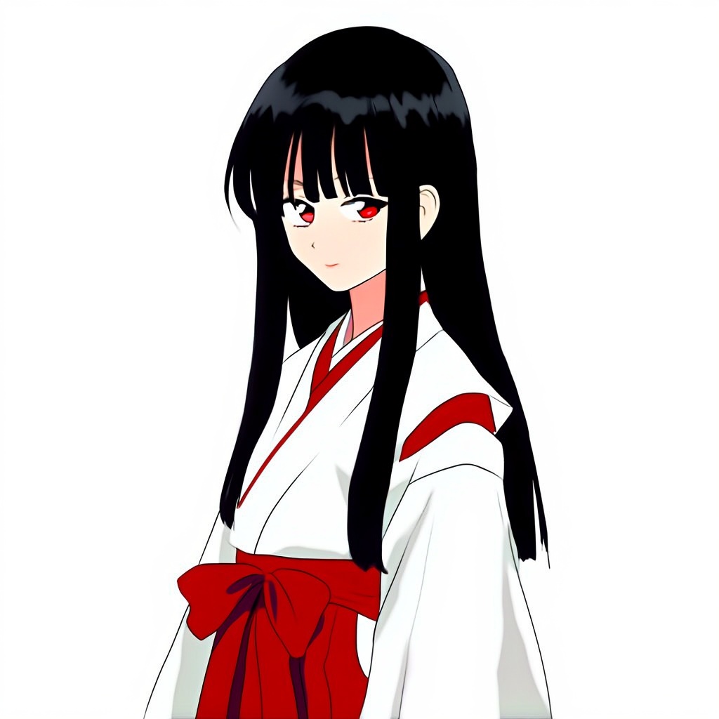 Half-body anime girl with long straight black hair and red eyes, wearing a traditional white and red shrine maiden outfit, serene expression, soft cel shading, classic Japanese anime style, minimal background, clean line art, elegant posture