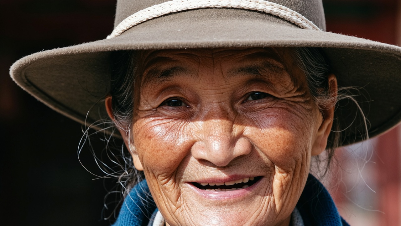 a powerful close-up portrait of an 80-year-old Tibetan grandmother, her face is a canvas of deep wrinkles, weathered tan skin, her eyes are deep-set and kind, with a gentle smile, wearing a traditional Tibetan hat, dramatic Rembrandt lighting from the side, highlighting the texture and contour of her face against a dark, plain background, emotionally rich, hyper-detailed skin texture.