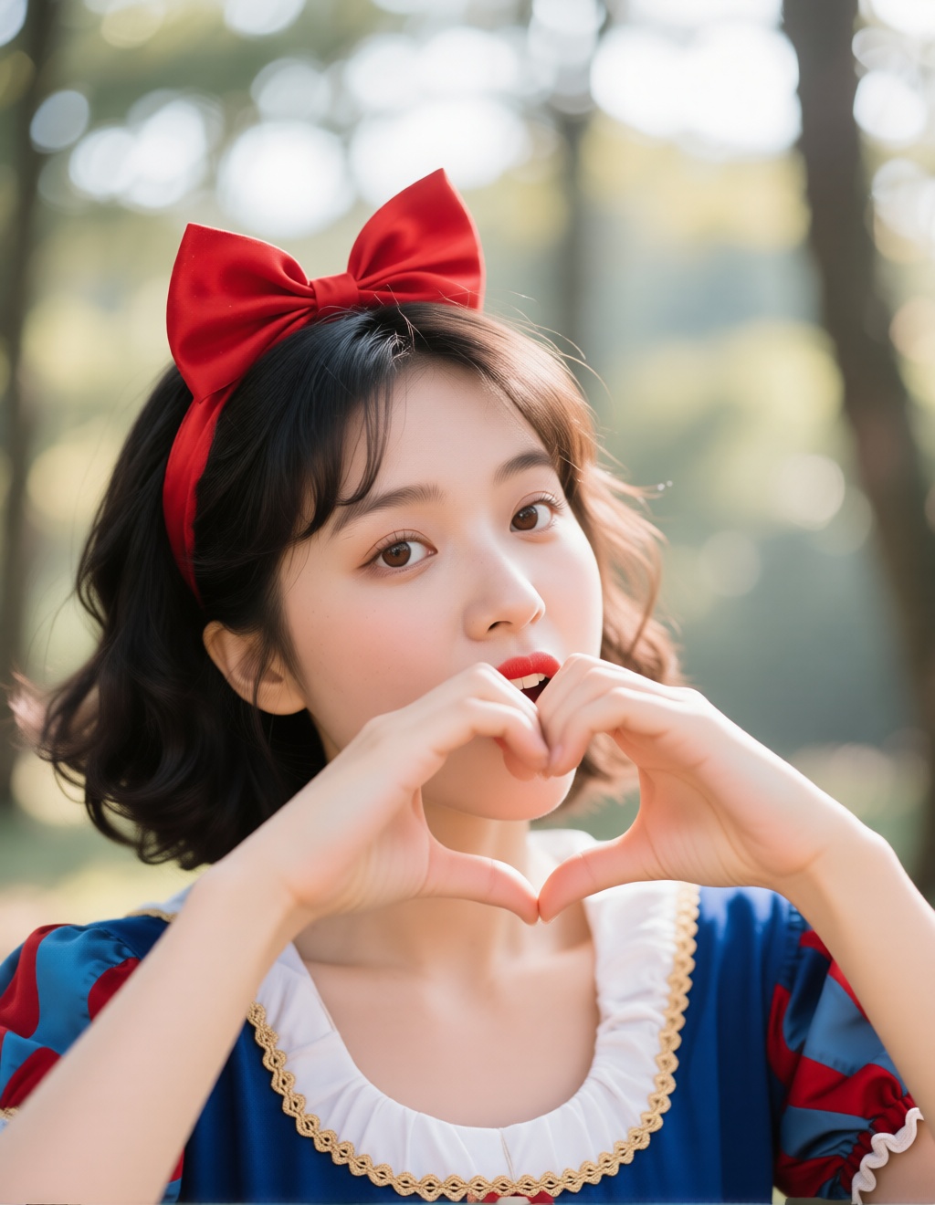The girl made a heart shape with her hands.