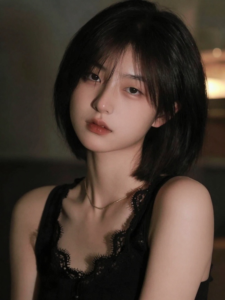 A high-resolution portrait photograph of a young East Asian woman with short, dark, layered hair and soft, expressive eyes, captured in a moody, intimate setting. She wears a black sleeveless top with delicate lace detailing and a thin gold necklace, her gaze fixed directly at the camera with a subtle, contemplative expression. The shallow depth of field blurs the background, which hints at festive or party lighting with warm glows and indistinct shapes, emphasizing her as the sole focus. The lighting is soft and directional, highlighting her facial features with a cinematic, naturalistic quality. A close-up, medium shot with a slightly low angle, evoking a moody, stylish, and emotionally resonant atmosphere. - صورة 1