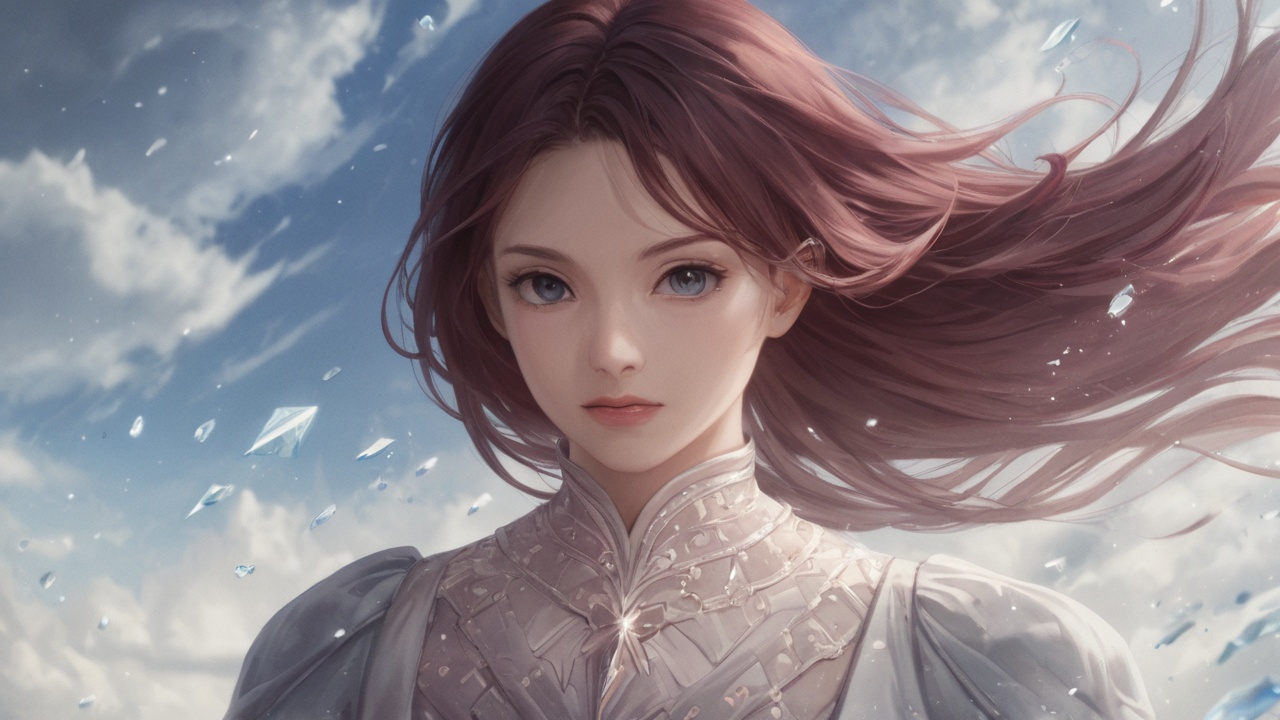 A young woman with iridescent hair that changes colors with light, floating above a swirling vortex of clouds, wearing a flowing crystalline gown, magical particles surrounding her, cinematic fantasy portrait, ultra-detailed.