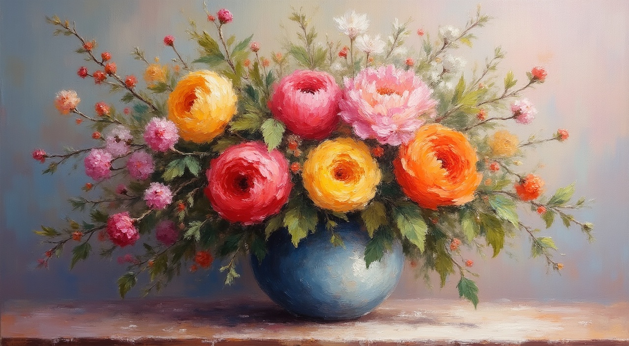 An oil painting of a vibrant floral still life, impressionistic brushstrokes, rich textures, soft lighting, inspired by Monet, gallery quality.