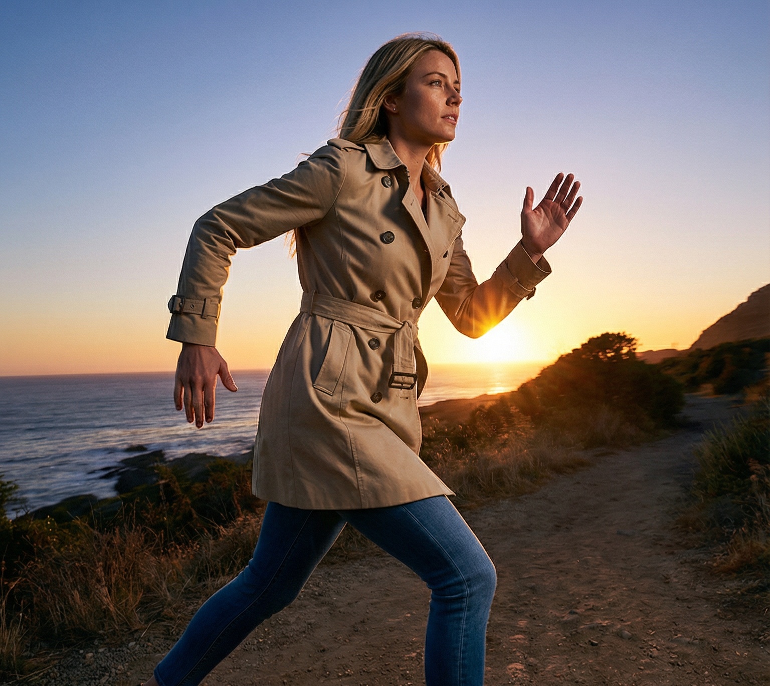 Replace the man in the first image with the woman from the second image, matching his pose and perspective. Keep the original background intact, and blend the woman naturally into the scene with consistent lighting, shadows, and overall photorealistic style.