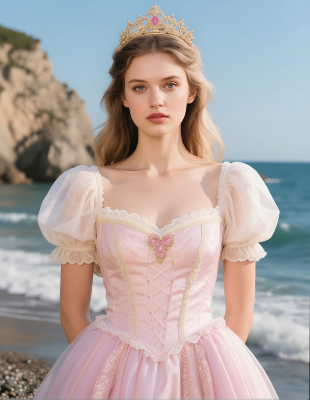 Place the woman from Figure 1 into the background of Figure 2.