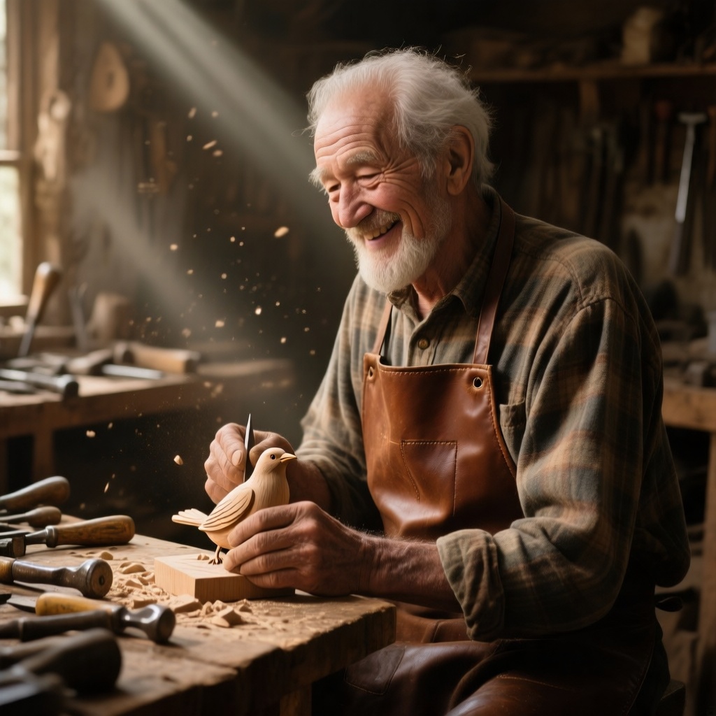 An elderly man with weathered hands and deep smile lines, wearing a brown leather apron over a faded flannel shirt. He sits at a wooden workbench filled with antique tools, in a cozy sunlit workshop with dust particles glowing in the light beams. He’s carefully carving a small wooden bird. Warm tones, detailed textures on skin and clothing, lifelike realism.