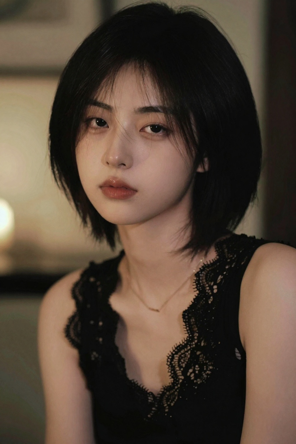 A high-resolution portrait photograph of a young East Asian woman with short, dark, layered hair and soft, expressive eyes, captured in a moody, intimate setting. She wears a black sleeveless top with delicate lace detailing and a thin gold necklace, her gaze fixed directly at the camera with a subtle, contemplative expression. The shallow depth of field blurs the background, which hints at festive or party lighting with warm glows and indistinct shapes, emphasizing her as the sole focus. The lighting is soft and directional, highlighting her facial features with a cinematic, naturalistic quality. A close-up, medium shot with a slightly low angle, evoking a moody, stylish, and emotionally resonant atmosphere. - Image 1
