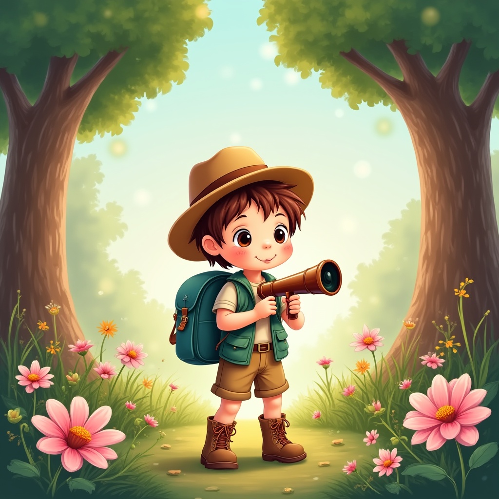 Ultra-whimsical, high-resolution digital illustration in the style of premium children’s storybooks. Depict a young adventurer child with expressive, oversized sparkling eyes and a subtle blush, featuring smooth, softly blended coloring. The child has a round, gentle face, short chestnut hair, and wears a crisp ochre explorer hat with a broad, darker band, a green vest over a taupe shirt, tan shorts, and practical brown hiking boots detailed with gold laces. He carries a spacious teal-blue backpack with leather buckles, and is holding a cartoon-style telescope with playful, exaggerated lens reflection.
Place the child at the center of a magical, sun-dappled forest clearing, framed symmetrically by two robust tree trunks with intricate bark textures and thick canopies of lush, variegated green leaves overhead. Intertwine whimsical, oversized wildflowers and vividly detailed foliage in the foreground—daisies, cosmos, buttercups, and pink camellias with delicate dew droplets, meticulously arranged around the character.
Background should be softly illuminated, with gentle, bokeh light orbs floating for a dreamy, enchanted atmosphere. The color palette must be vibrant yet pastel-balanced, emphasizing a tranquil and joyful mood. Every line should be clean and confident—with subtle shadowing and depth for a crisp, ultra-professional finish. Avoid text, humans or animals besides the child; focus on a harmonious, handcrafted, highly marketable children’s illustration aesthetic. Aspect ratio 1:1, maximum resolution, pure vector style polish.