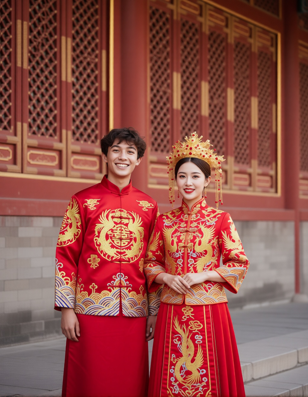 Based on the woman in Figure 2 and the man in Figure 1, generate a wedding photo set, following these descriptions: The groom wears a red Chinese-style tunic, and the bride wears an exquisite Xiuhe dress, with a golden phoenix coronet on her head. They stand side by side in front of an ancient vermilion palace wall, with carved wooden windows in the background. The lighting is bright and soft, the composition is symmetrical, and the atmosphere is festive and solemn.