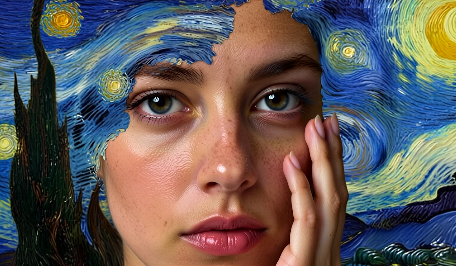 A surreal oil painting of a woman’s face emerging from a swirl of colors, expressive brushstrokes, high contrast lighting, inspired by Van Gogh and Klimt, artistic depth.