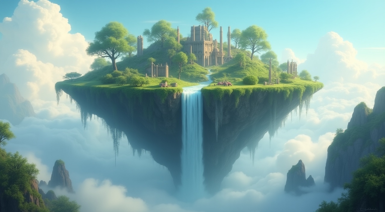 A magical floating island in the sky, with waterfalls cascading into the clouds below. Lush greenery, ancient ruins, and fantastical creatures inhabit the island. Cinematic lighting, volumetric fog, digital painting.