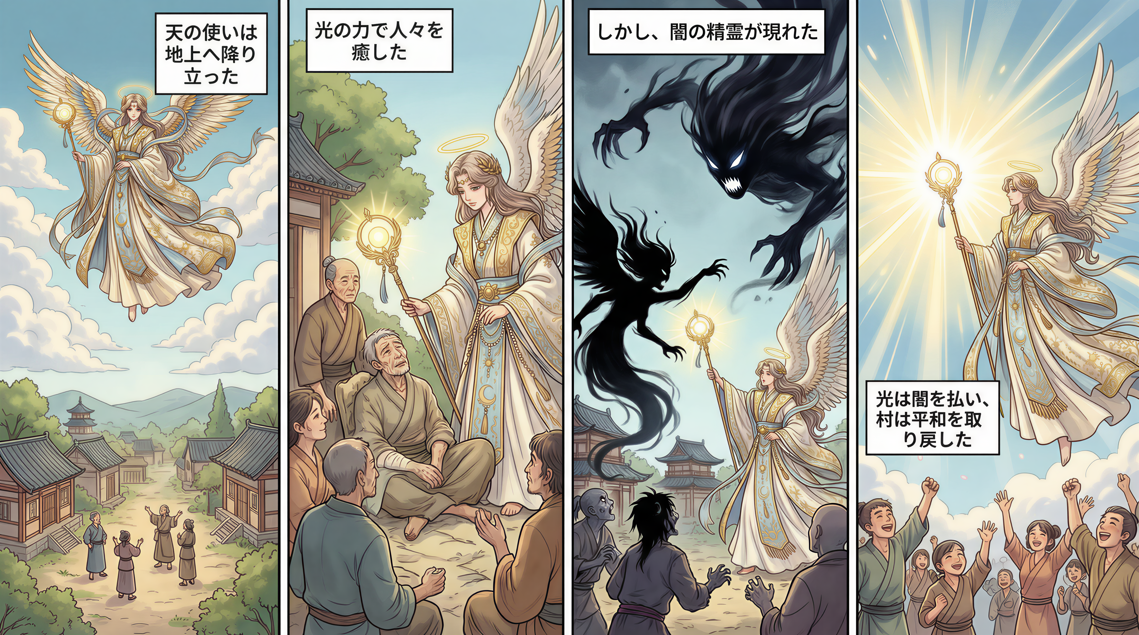 Create a mythological story comic with Japanese text