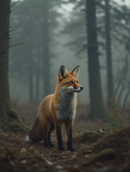 a red fox standing quietly in a foggy forest, early morning light, soft shadows, cinematic atmosphere, depth of field, ultra detailed fur, natural colors, no humans


