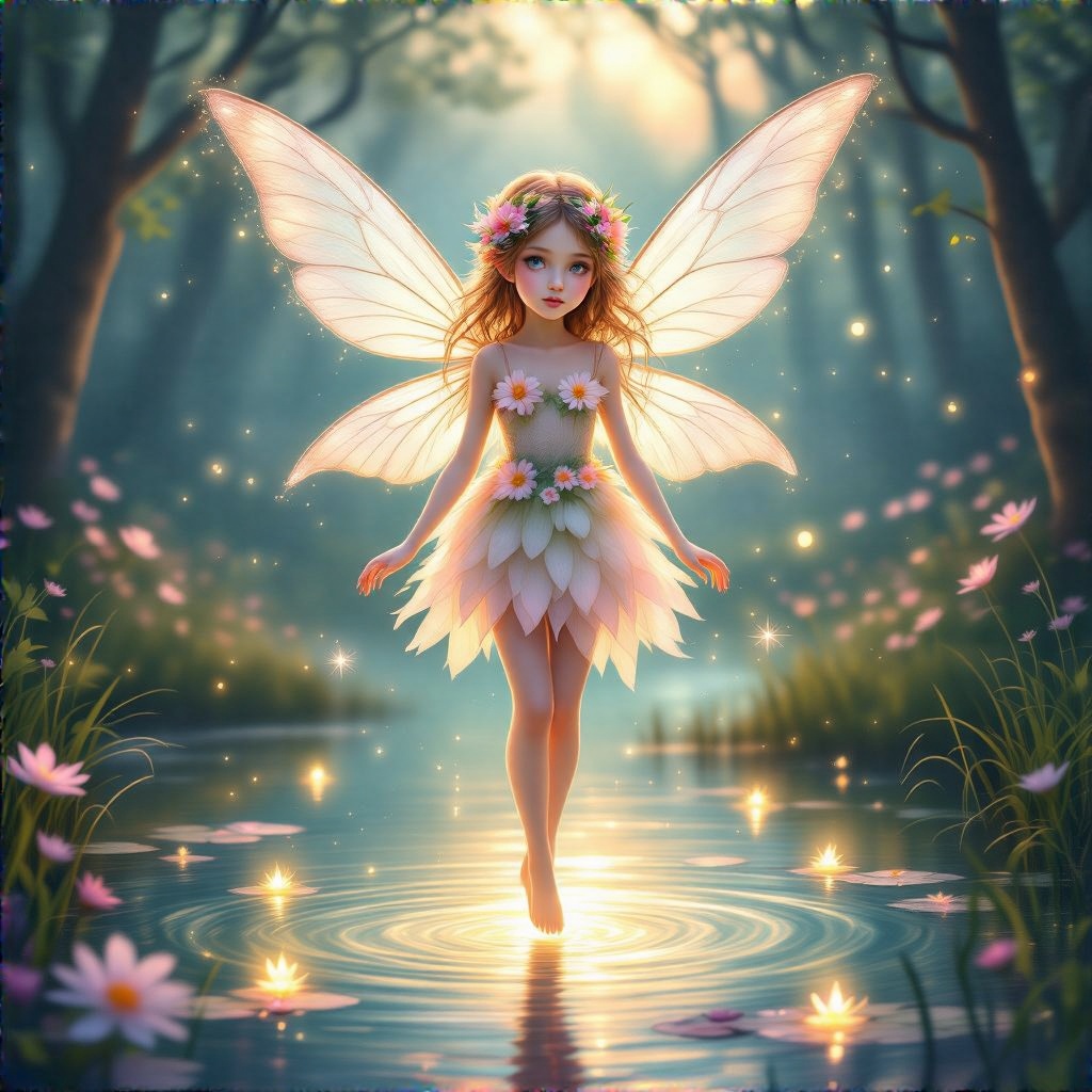 A delicate fairy girl with translucent wings floating above a glowing forest lake at dusk, wearing a flower-made dress, soft magical lights surrounding her, sparkles in the air, dreamy atmosphere, pastel color palette, detailed face and eyes, fantasy illustration style, ultra-detailed background
