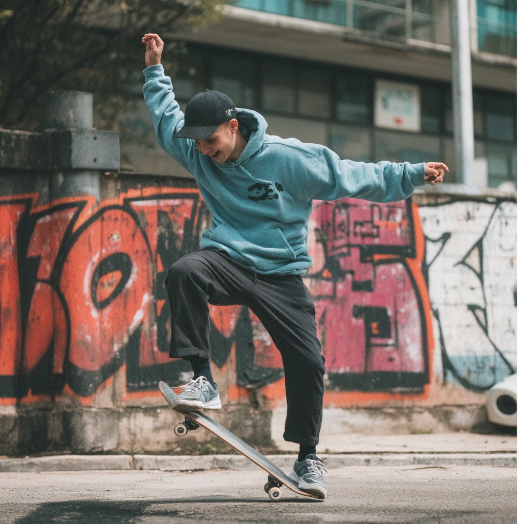 action shot of a teenage boy skateboarding on the street, wearing a loose hoodie and cargo pants. the photo captures him mid-air during a jump, full of energy. background is a city graffiti wall, dynamic composition, slight motion blur. street photography style, wide-angle lens, bright sunlight, high contrast, vivid colors.
