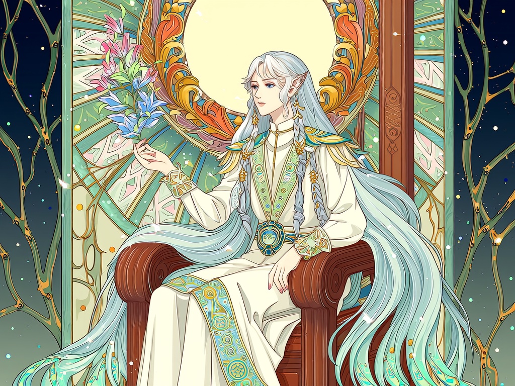 Envision an ethereal and highly decorative portrait of an androgynous Elven Monarch, seated upon a throne carved from living, iridescent wood within a moonlit glade. Their form is framed by the elegant, sinuous 'whiplash' curves characteristic of Art Nouveau. Long, flowing silver hair, intricately braided with glowing flora and pearls, cascades around them. They are adorned in gossamer robes of silk and moonlight, featuring delicate, repeating patterns of lilies and dragonfly wings. Their expression is serene and ancient, with eyes holding a gentle, knowing light. One hand elegantly gestures, causing magical, opalescent petals to swirl in the air. The background is a flat, decorative tapestry of intertwined vines, stylized trees, and celestial motifs, rendered in a soft palette of muted lavenders, sage greens, and creamy golds, with intricate gold leaf detailing. The entire composition is a harmonious symphony of organic forms and graceful lines, celebrating beauty, nature, and magic with the quintessential elegance of the Art Nouveau masters.



