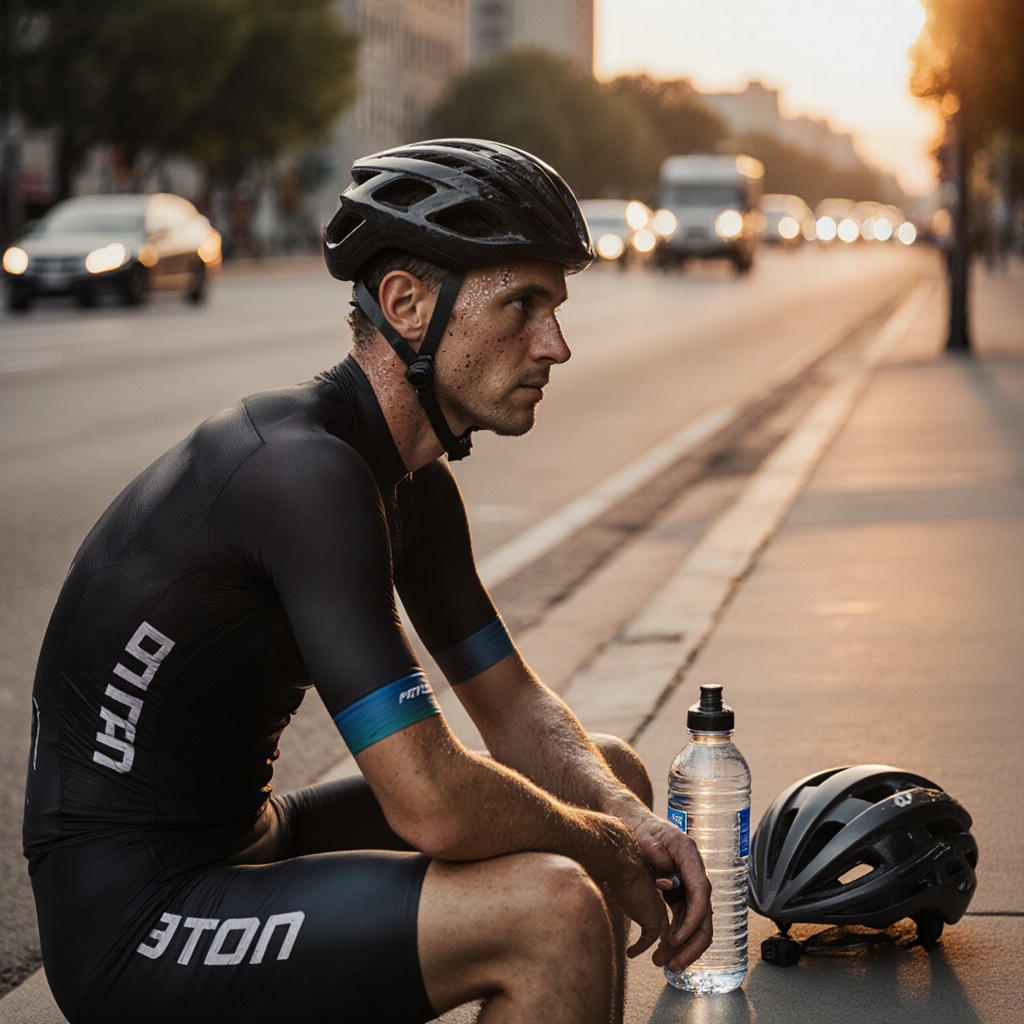 A cyclist resting on a curbside with a reusable water bottle and helmet beside him. Sweat on his brow, spandex gear catching the evening sun, and passing traffic slightly blurred in the background.