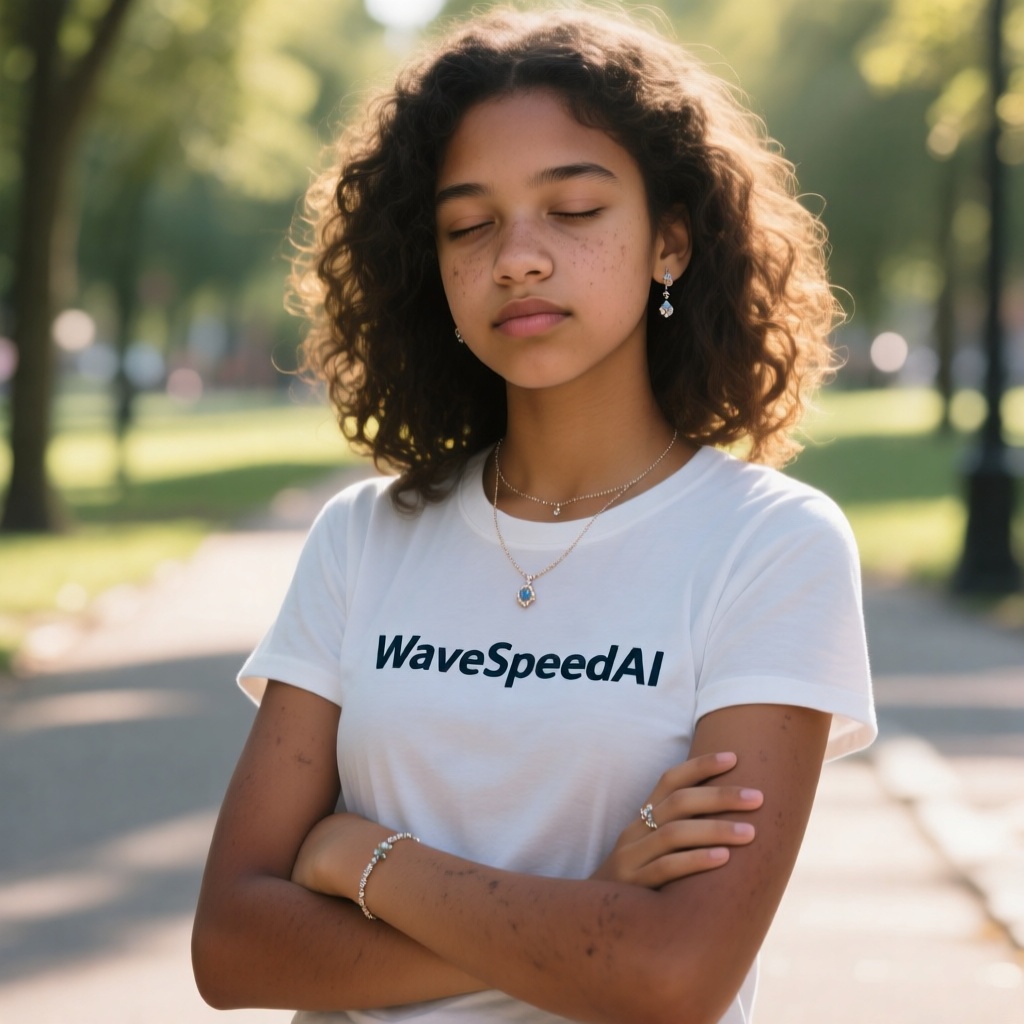 Super Realism portrait of a teenager woman of African descent, serene calmness, arms crossed, illuminated by dramatic studio lighting, sunlit park in the background, adorned with delicate jewelry, three-quarter view, sun-kissed skin with natural imperfections, loose shoulder-length curls, slightly squinting eyes, environmental street portrait with text "WaveSpeedAI" on t-shirt.