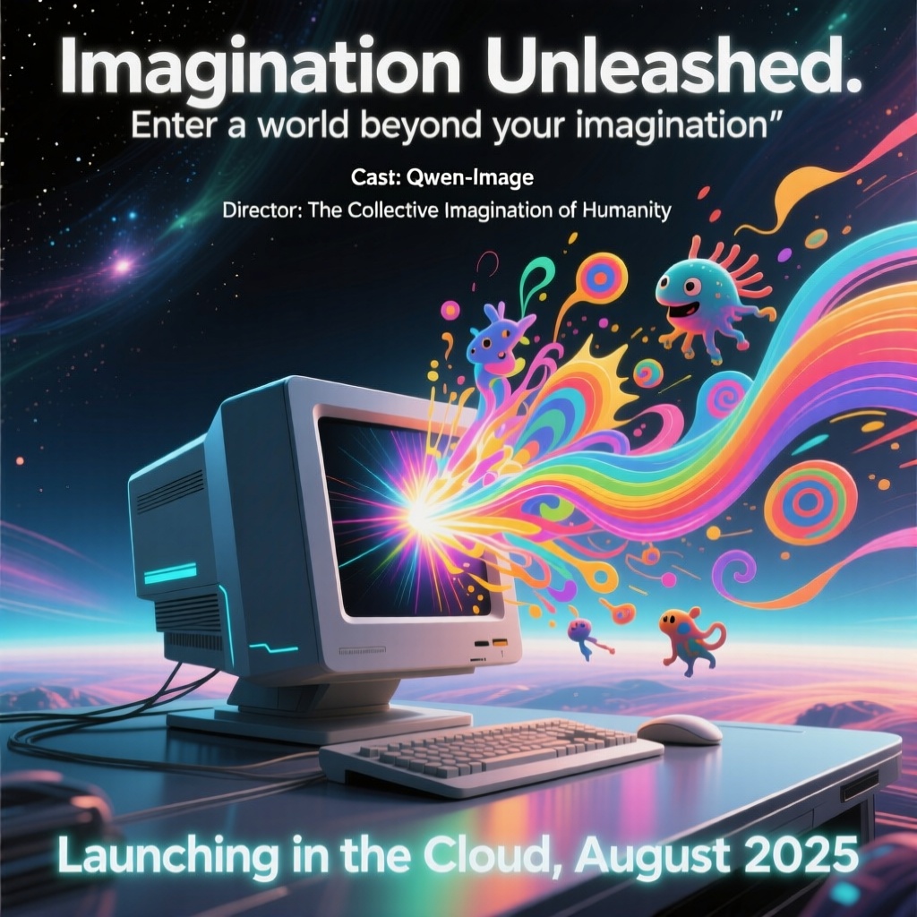 A movie poster. The first row is the movie title, which reads "Imagination Unleashed". The second row is the movie subtitle, which reads "Enter a world beyond your imagination". The third row reads "Cast: Qwen-Image". The fourth row reads "Director: The Collective Imagination of Humanity". The central visual features a sleek, futuristic computer from which radiant colors, whimsical creatures, and dynamic, swirling patterns explosively emerge, filling the composition with energy, motion, and surreal creativity. The background transitions from dark, cosmic tones into a luminous, dreamlike expanse, evoking a digital fantasy realm. At the bottom edge, the text "Launching in the Cloud, August 2025" appears in bold, modern sans-serif font with a glowing, slightly transparent effect, evoking a high-tech, cinematic aesthetic. The overall style blends sci-fi surrealism with graphic design flair—sharp contrasts, vivid color grading, and layered visual depth—reminiscent of visionary concept art and digital matte painting, 32K resolution, ultra-detailed.