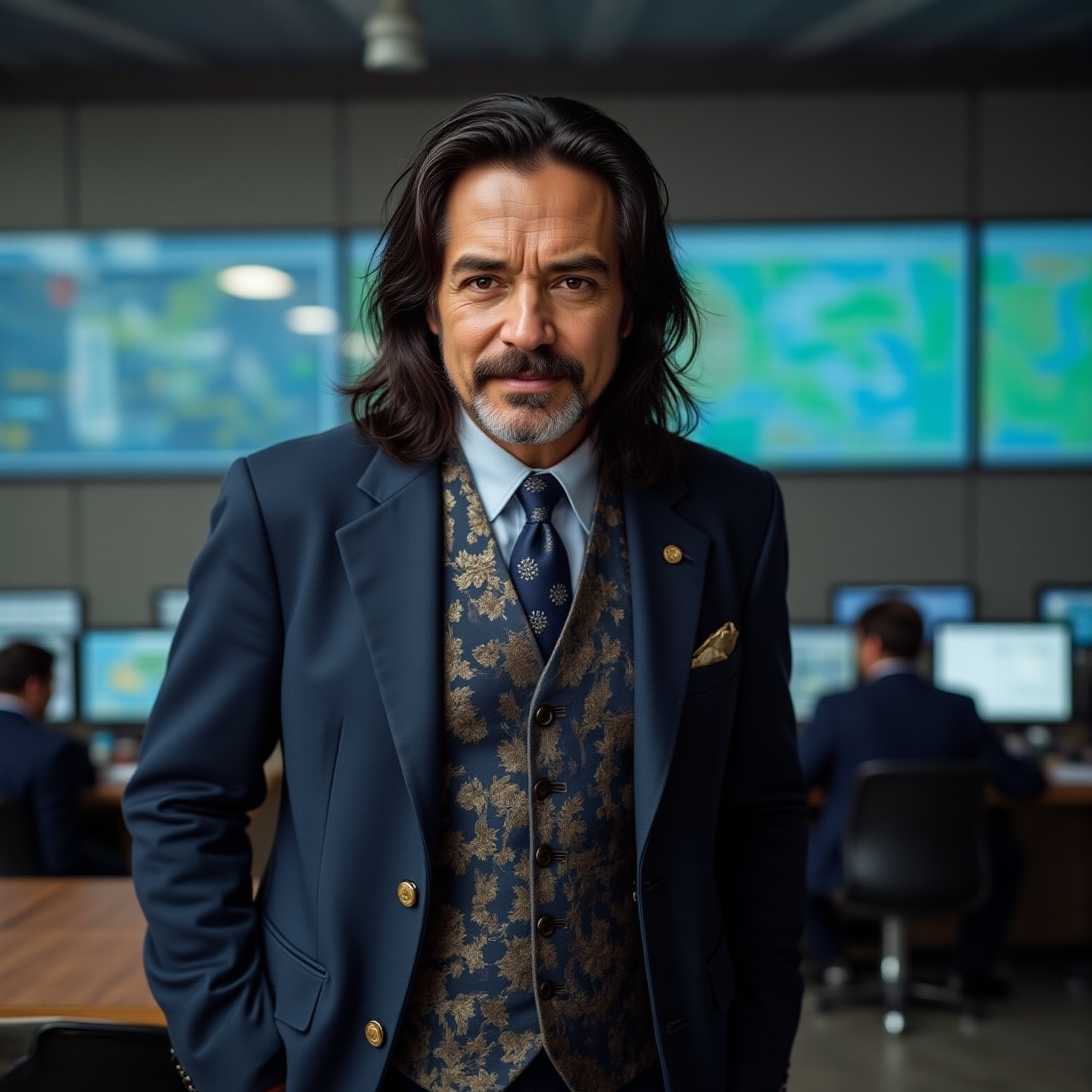 A 3/4 portrait photograph of a thin-faced thin man. He has very long dark brown hair and a short grey goatee beard and moustache. He is 66 years old. He is wearing a dark blue suit with a brocade waistcoat and a subdued gold tie. He has a very small simple circular gold lapel pin. He is standing relaxed with his hands in his trouser pockets. He is standing to one side in a high-tech control room.  The background is out of focus and shows people sitting at control stations. He has a slight welcoming smile . Realistic. Atmospheric. Detailed. Super Realism, UHD, photorealistic.