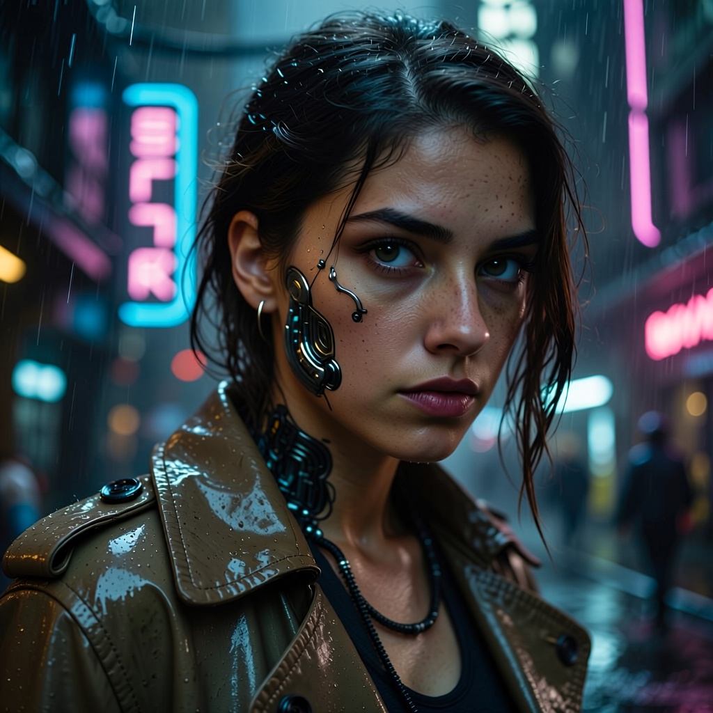 An ultra-realistic, gritty portrait of a cyberpunk hacker. Her face is illuminated by the glowing blue and pink neon signs of a futuristic city street at night. Rain-slicked trench coat, intricate cybernetic implants on her cheek, intense, focused eyes. High contrast, sharp focus, digital art, cinematic atmosphere, style of Blade Runner.