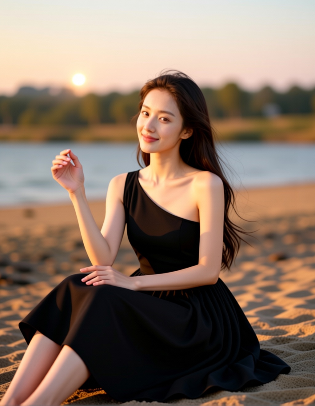 The girl in Figure 1 sits in the pose of Figure 3 wearing the black dress from Figure 2.