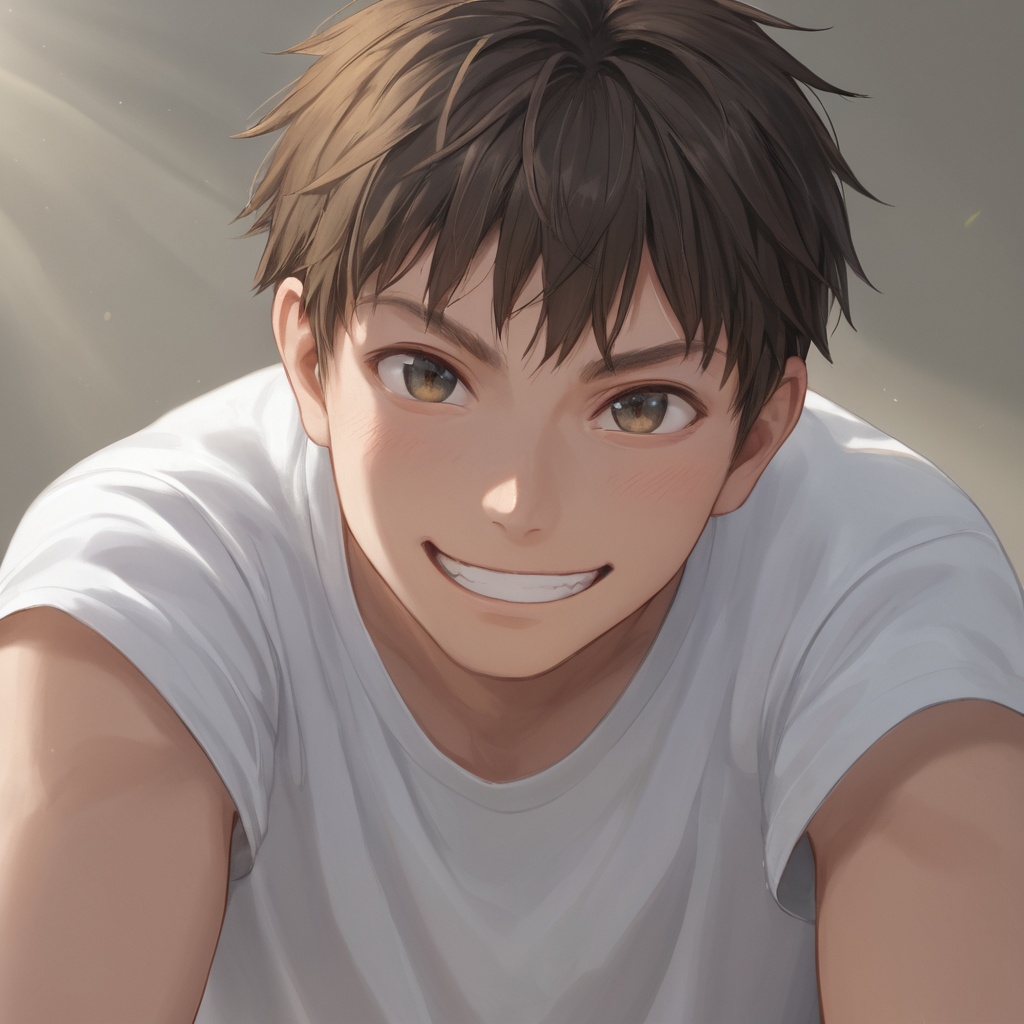 Close-up of a young man with tousled hair, wearing a casual t-shirt, leaning slightly forward, playful grin, sunlight streaming across his face, sharp and lively eyes, warm and energetic mood.