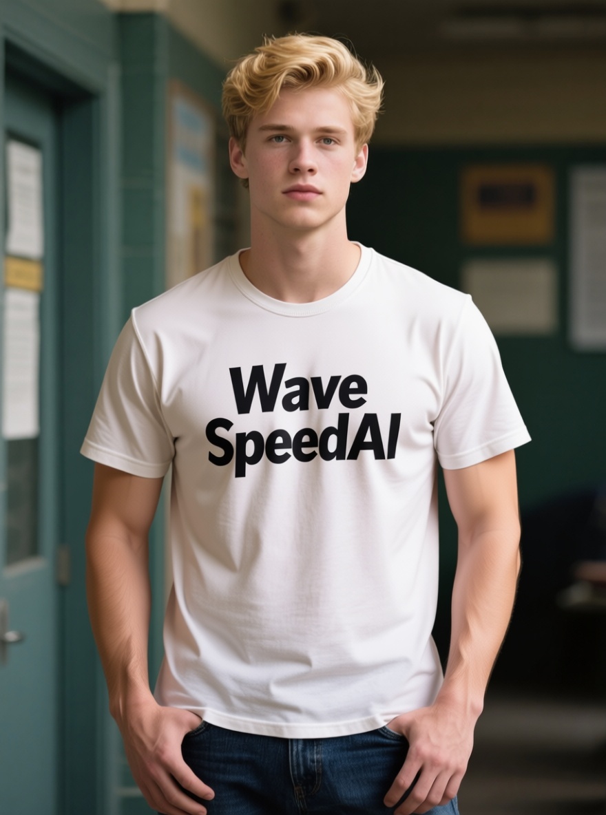 change the cloth to t shirt, with a sentence 'Wave SpeedAI' on the t shirt 

