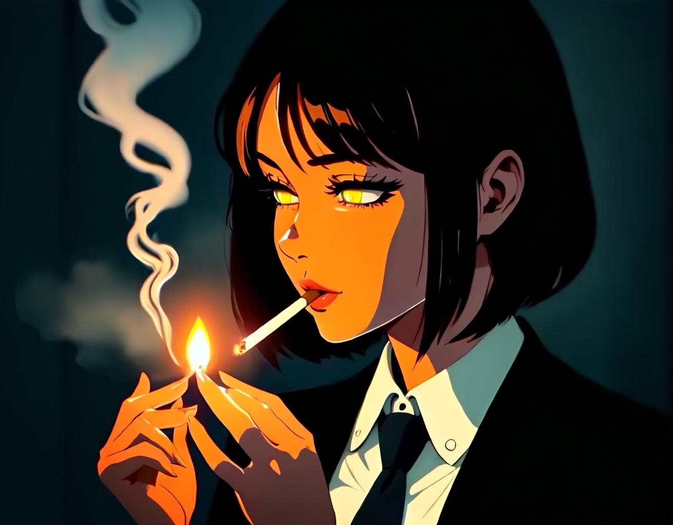 A dramatic and tense anime illustration depicting a young woman with short, dark hair in a dimly lit environment lighting a cigarette in the moment. The character is dressed in a formal suit and tie, and is composed in a style that has a strong noir (movie noir) vibe. Strong contrasts of light and shadow cast stark shadows on her face and hands, adding to the tension of the image. The composition is a close-up portrait, focusing on her glowing eyes and mature, introspective demeanor. The scene is lit with moody ambient lighting and warm highlights from the lighter flame, creating a low-key but moody environment. The character's hands move delicately when lighting the cigarette, appearing extraordinarily focused, showing a private and contemplative moment. The overall color scheme is dominated by deep blacks and grays, complemented by orange highlights cast by the light of the lighter's fire, creating a contrast of warmth and coolness. The painting style is professional, combining film noir aesthetics with anime character design, with a deep background to create a mysterious atmosphere, while highlighting the details of facial expressions and gestures. The drawing style emphasizes realistic light and shadow effects, with extremely refined portrayals of smoke and shadows. The character setting shows a mature and serious personality, suggesting that he or she may be a detective or an elite role in the workplace. The composition as a whole creates an atmosphere of quiet solitude and deep thought.